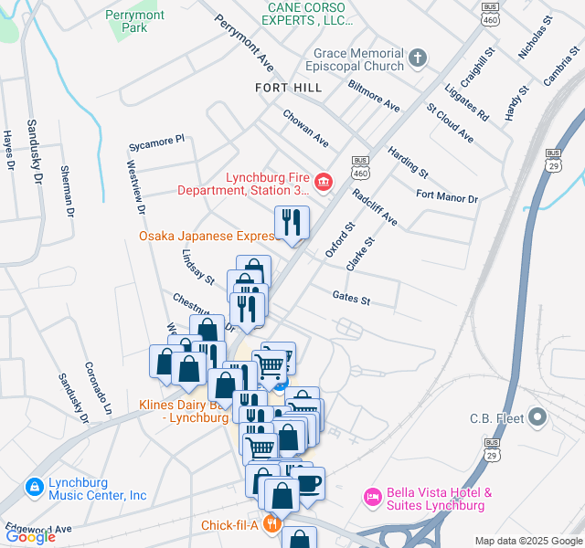 map of restaurants, bars, coffee shops, grocery stores, and more near 5034 Fort Avenue in Lynchburg