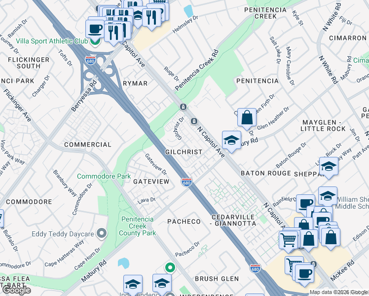 map of restaurants, bars, coffee shops, grocery stores, and more near 886 Gilchrist Drive in San Jose