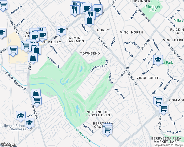map of restaurants, bars, coffee shops, grocery stores, and more near 1637 Parkview Green Circle in San Jose