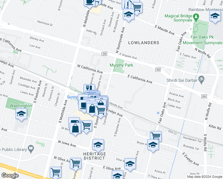 map of restaurants, bars, coffee shops, grocery stores, and more near 175 North Sunnyvale Avenue in Sunnyvale
