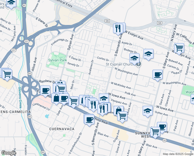 map of restaurants, bars, coffee shops, grocery stores, and more near 247 Arriba Drive in Sunnyvale