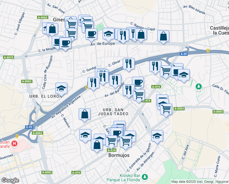 map of restaurants, bars, coffee shops, grocery stores, and more near 9 Avenida del Barrerillo in Bormujos