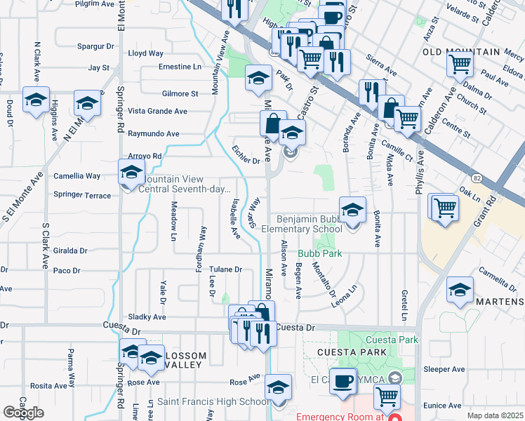 map of restaurants, bars, coffee shops, grocery stores, and more near 24 Starr Way in Mountain View