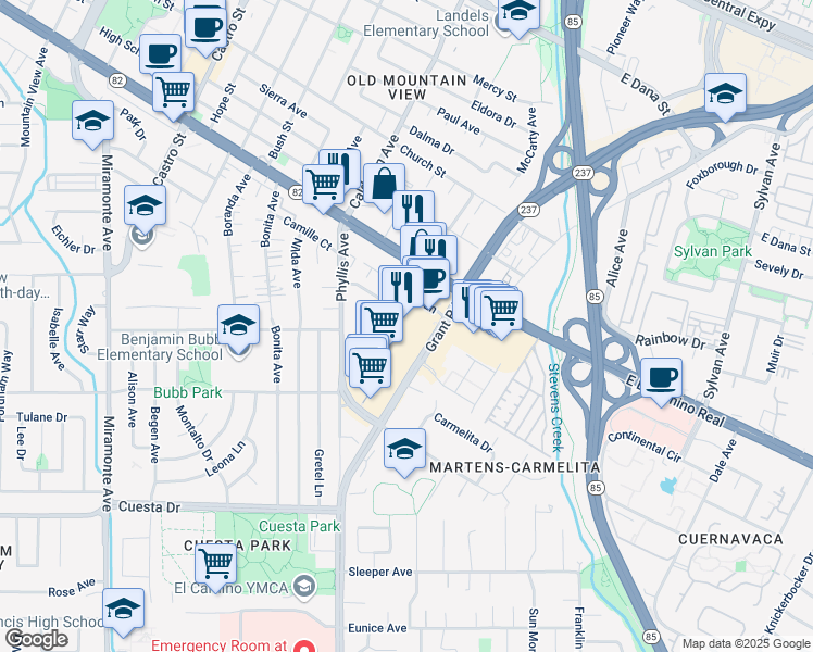 map of restaurants, bars, coffee shops, grocery stores, and more near 36 Oak Lane in Mountain View