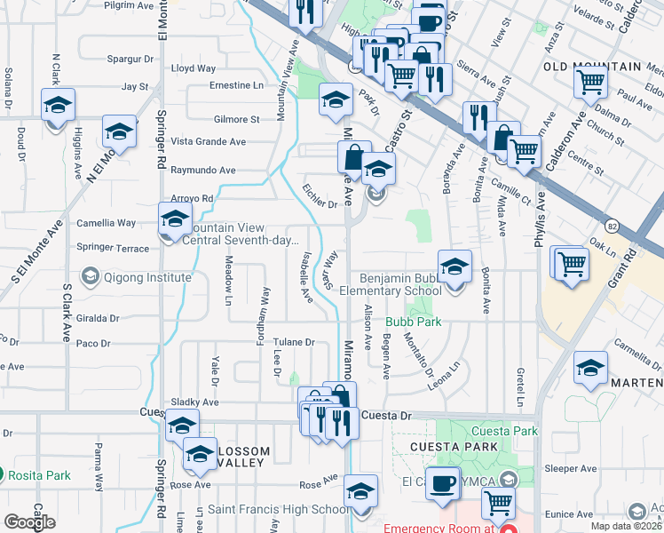 map of restaurants, bars, coffee shops, grocery stores, and more near 41 Starr Way in Mountain View