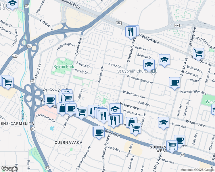 map of restaurants, bars, coffee shops, grocery stores, and more near 247 Arriba Drive in Sunnyvale