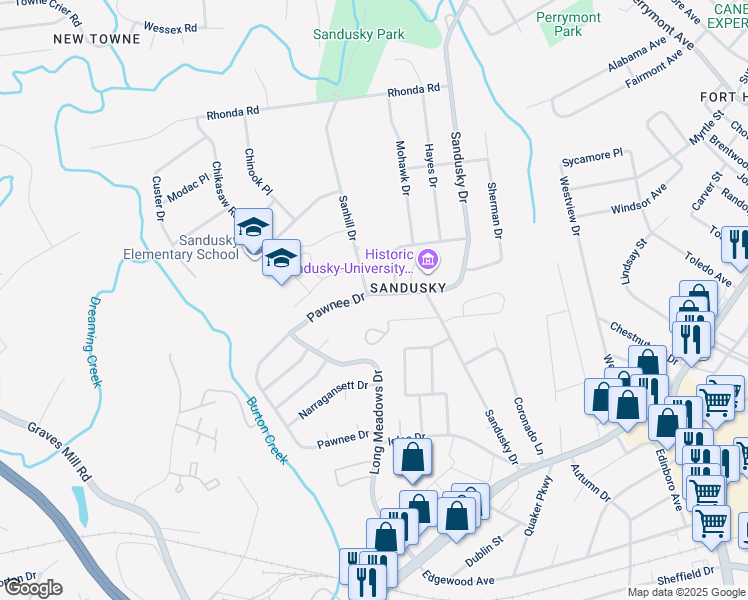 map of restaurants, bars, coffee shops, grocery stores, and more near 6016 Pawnee Drive in Lynchburg