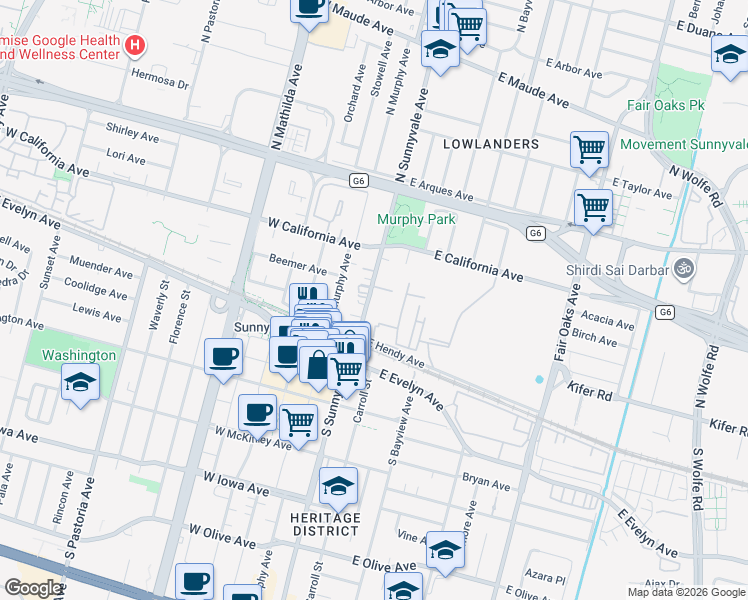 map of restaurants, bars, coffee shops, grocery stores, and more near 158 North Sunnyvale Avenue in Sunnyvale