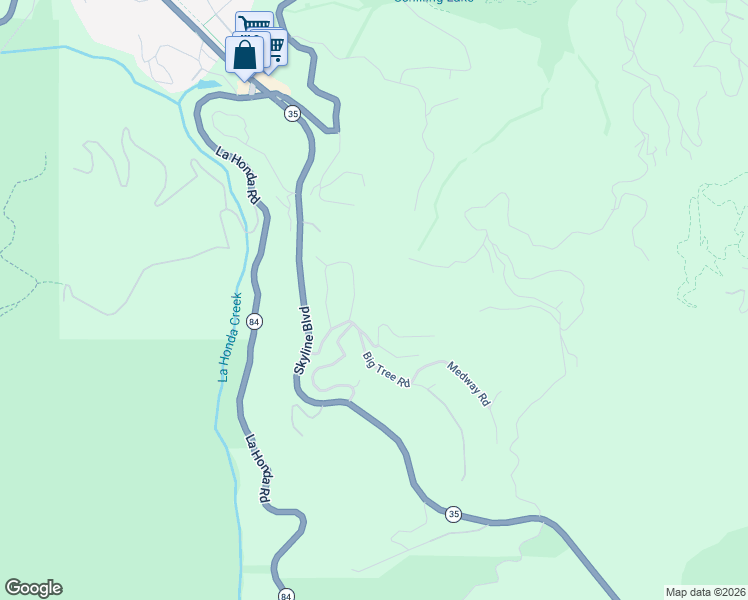 map of restaurants, bars, coffee shops, grocery stores, and more near 45 Big Tree Way in Woodside
