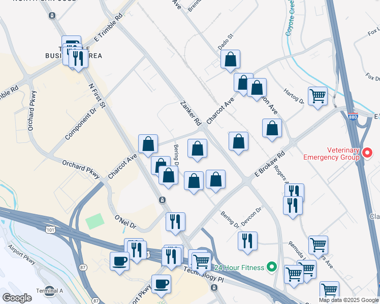 map of restaurants, bars, coffee shops, grocery stores, and more near 138 Charcot Ave in San Jose