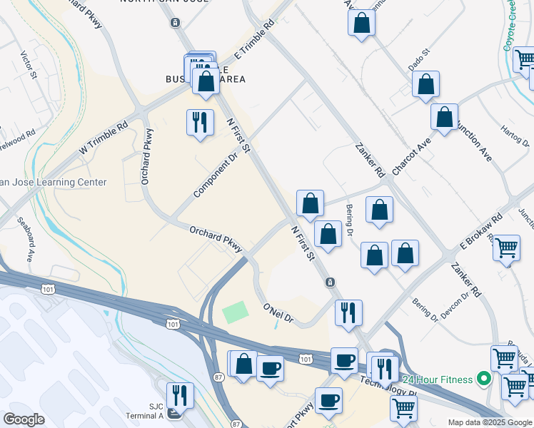 map of restaurants, bars, coffee shops, grocery stores, and more near 2315 North 1st Street in San Jose