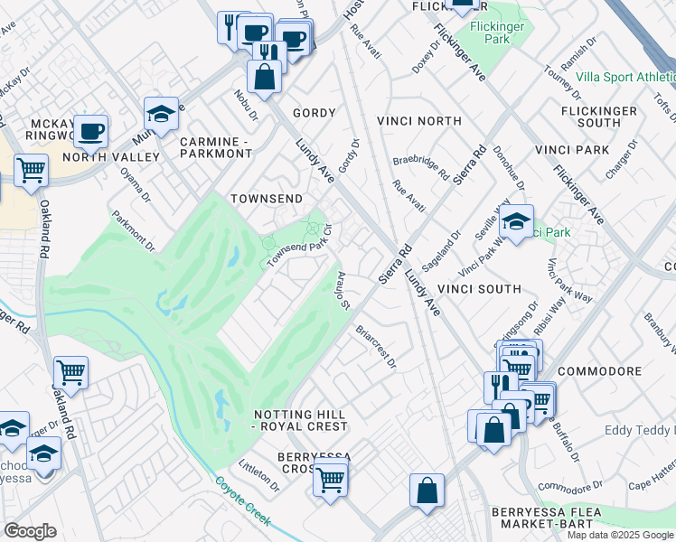 map of restaurants, bars, coffee shops, grocery stores, and more near 1337 Araujo Street in San Jose