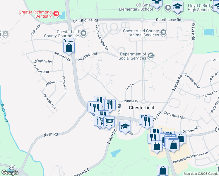 map of restaurants, bars, coffee shops, grocery stores, and more near 9649 Paddock Grove Court in Chesterfield