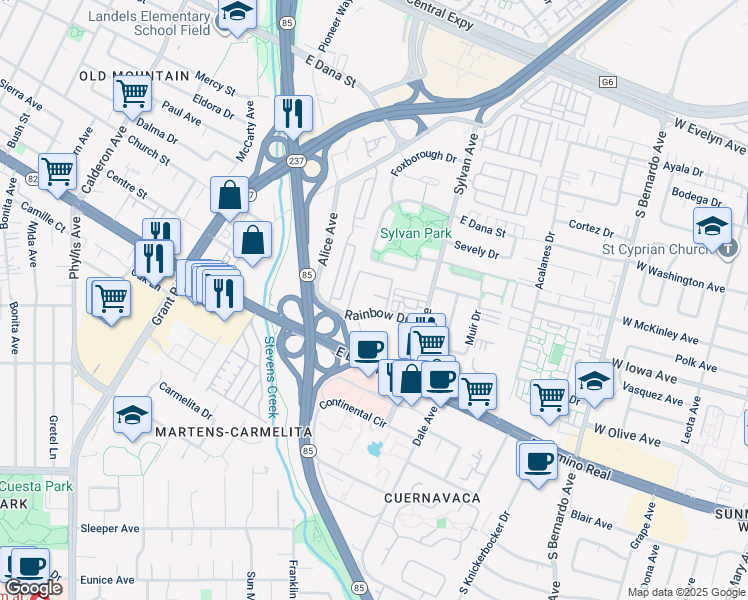 map of restaurants, bars, coffee shops, grocery stores, and more near 600 Rainbow Drive in Mountain View