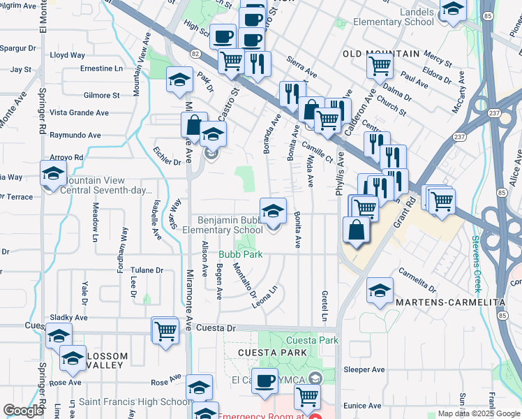 map of restaurants, bars, coffee shops, grocery stores, and more near 1135 Boranda Avenue in Mountain View