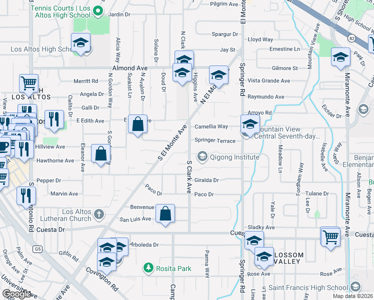 map of restaurants, bars, coffee shops, grocery stores, and more near 95 South El Monte Avenue in Los Altos