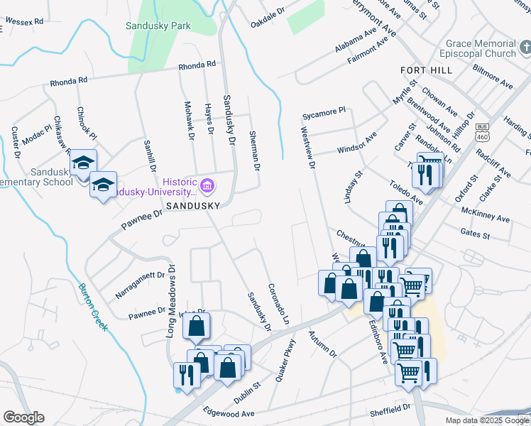 map of restaurants, bars, coffee shops, grocery stores, and more near 5937 Hines Circle in Lynchburg