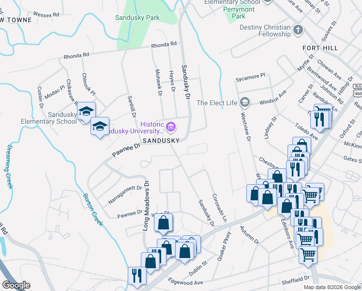 map of restaurants, bars, coffee shops, grocery stores, and more near 755 Sandusky Drive in Lynchburg