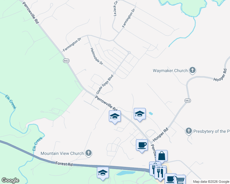 map of restaurants, bars, coffee shops, grocery stores, and more near 1060 Madison View Drive in Forest