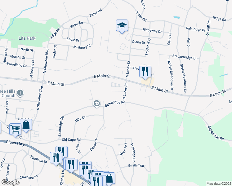 map of restaurants, bars, coffee shops, grocery stores, and more near 2358 Garrett Lane in Jackson