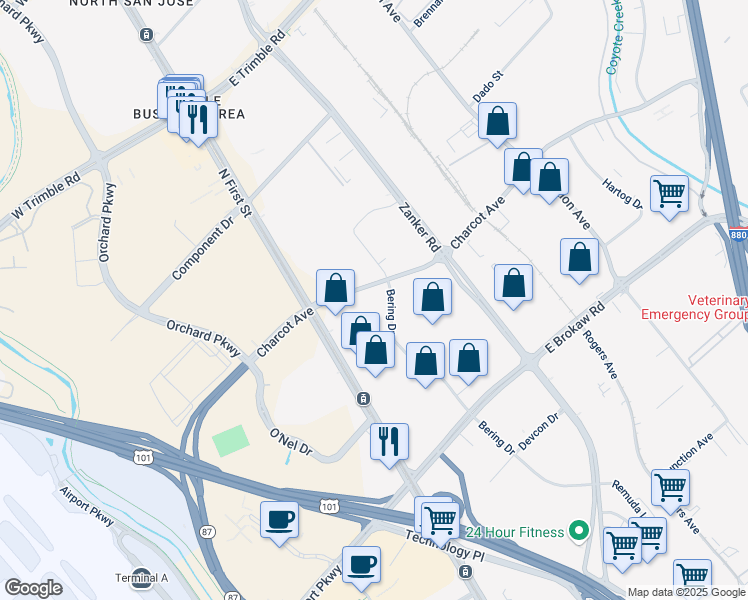 map of restaurants, bars, coffee shops, grocery stores, and more near 138 Charcot Avenue in San Jose