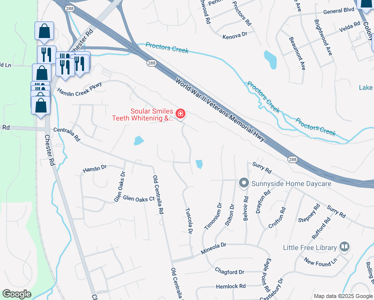 map of restaurants, bars, coffee shops, grocery stores, and more near 9942 Ethens Castle Drive in Chester