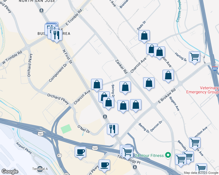 map of restaurants, bars, coffee shops, grocery stores, and more near 140 Charcot Avenue in San Jose