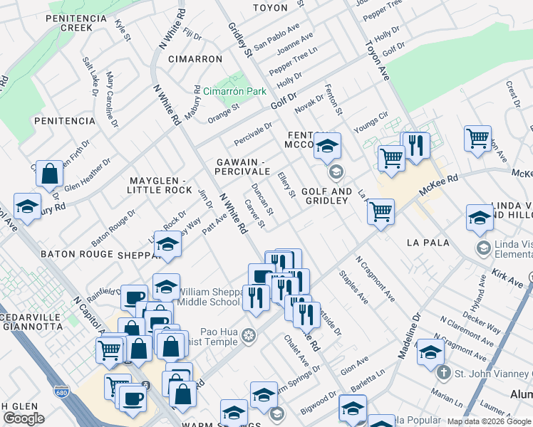 map of restaurants, bars, coffee shops, grocery stores, and more near 539 Duncan Street in San Jose
