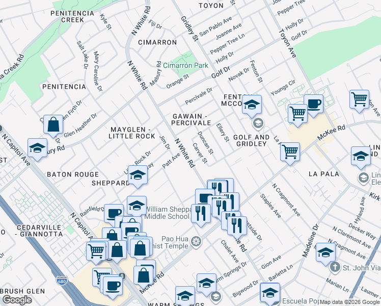 map of restaurants, bars, coffee shops, grocery stores, and more near 560 North White Road in San Jose