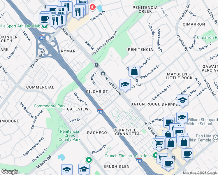 map of restaurants, bars, coffee shops, grocery stores, and more near 817 Gilchrist Walkway in San Jose