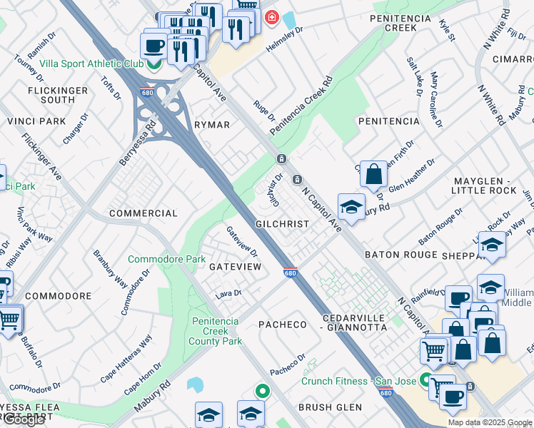map of restaurants, bars, coffee shops, grocery stores, and more near 2491 Golzio Court in San Jose