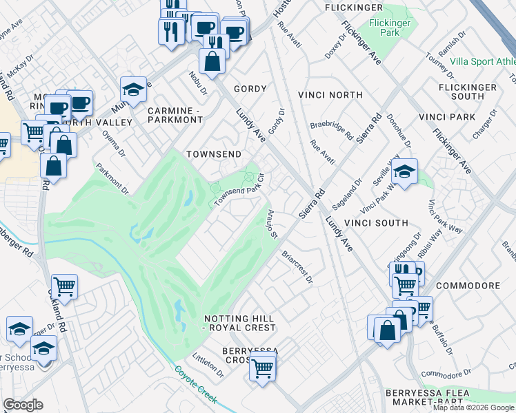 map of restaurants, bars, coffee shops, grocery stores, and more near 1833 Parkview Green Circle in San Jose
