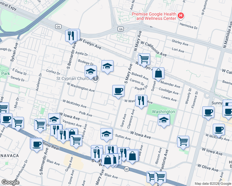 map of restaurants, bars, coffee shops, grocery stores, and more near 1055 West Washington Avenue in Sunnyvale