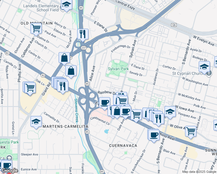 map of restaurants, bars, coffee shops, grocery stores, and more near 600 Rainbow Drive in Mountain View