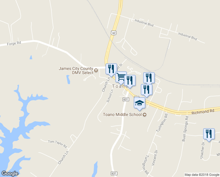 map of restaurants, bars, coffee shops, grocery stores, and more near 102 School Lane in Toano