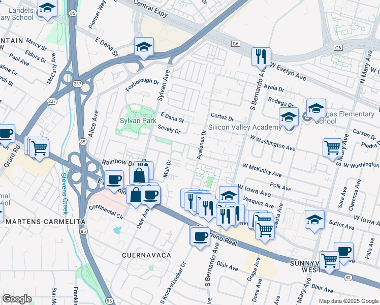 map of restaurants, bars, coffee shops, grocery stores, and more near 301 Acalanes Drive in Sunnyvale
