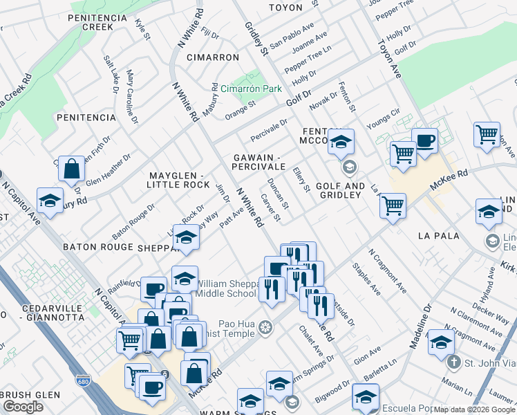 map of restaurants, bars, coffee shops, grocery stores, and more near 560 North White Road in San Jose