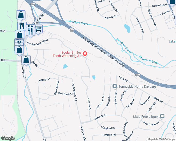 map of restaurants, bars, coffee shops, grocery stores, and more near 9942 Ethens Castle Drive in Chester