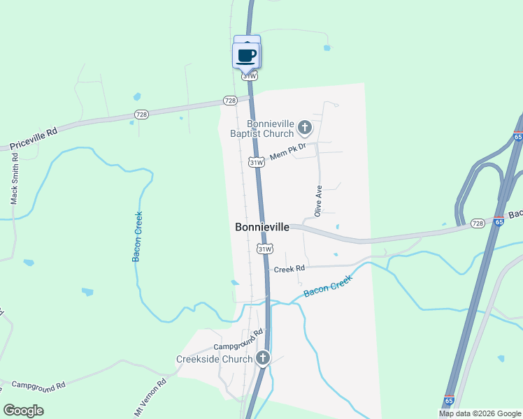 map of restaurants, bars, coffee shops, grocery stores, and more near Highway 31 West in Bonnieville