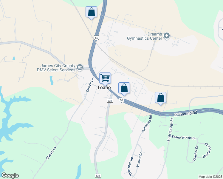 map of restaurants, bars, coffee shops, grocery stores, and more near 7858 Richmond Road in Toano