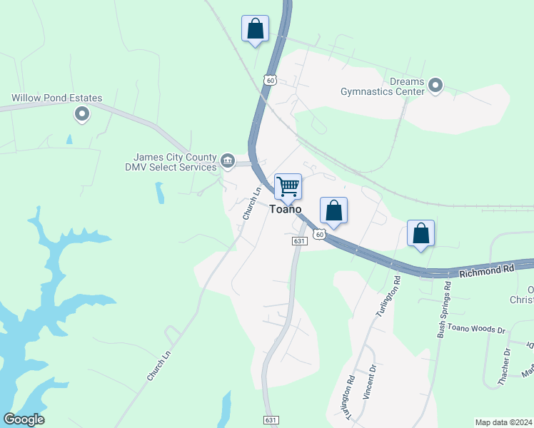 map of restaurants, bars, coffee shops, grocery stores, and more near 98 School Lane in Toano