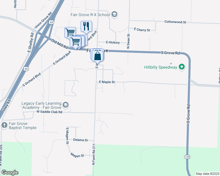 map of restaurants, bars, coffee shops, grocery stores, and more near 64 East Maple Street in Fair Grove