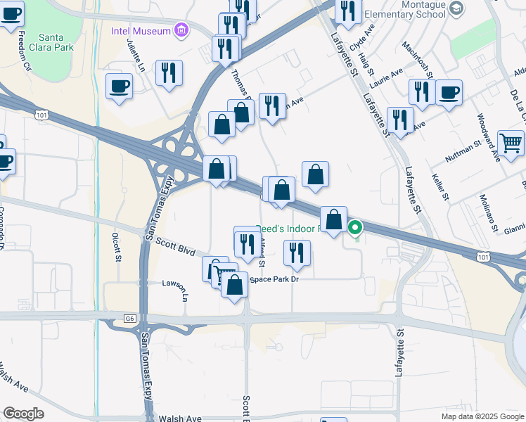 map of restaurants, bars, coffee shops, grocery stores, and more near 3205 Alfred Street in Santa Clara