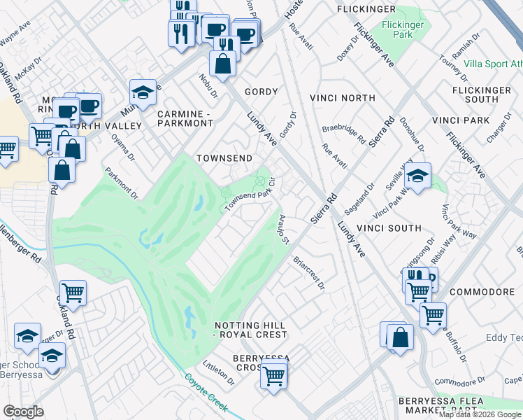 map of restaurants, bars, coffee shops, grocery stores, and more near 1800 Parkview Green Circle in San Jose