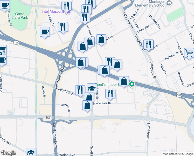 map of restaurants, bars, coffee shops, grocery stores, and more near 3205 Alfred Street in Santa Clara