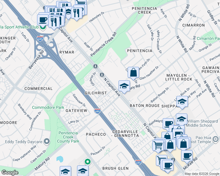 map of restaurants, bars, coffee shops, grocery stores, and more near 817 Gilchrist Walkway in San Jose