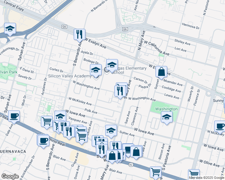 map of restaurants, bars, coffee shops, grocery stores, and more near 1055 West Washington Avenue in Sunnyvale