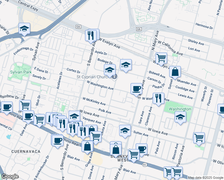 map of restaurants, bars, coffee shops, grocery stores, and more near in Sunnyvale