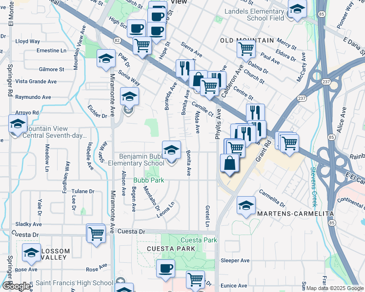 map of restaurants, bars, coffee shops, grocery stores, and more near 1173 Bonita Avenue in Mountain View