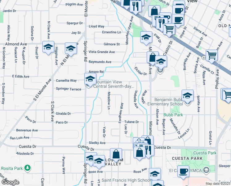 map of restaurants, bars, coffee shops, grocery stores, and more near 1445 Meadow Lane in Mountain View